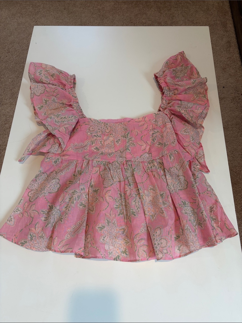 Olivaceous Pink Floral Ruffle-Sleeve Peplum Top